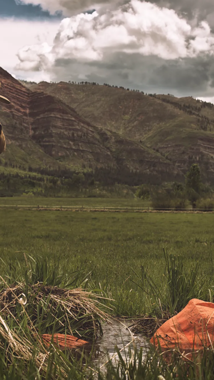 A rancher rests on a shovel beside an irrigation ditch on a working ranch in the Intermountain West.