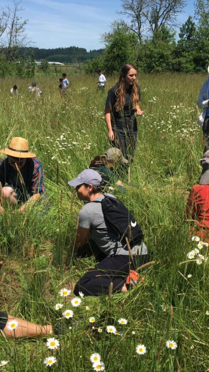 Students and U.S. Fish and Wildlife Service staff gather in a meadow during a land restoration activity at Tualatin River National Wildlife Refuge.