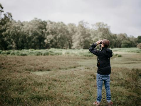 A person looks through binoculars while standing in an open wetland landscape.