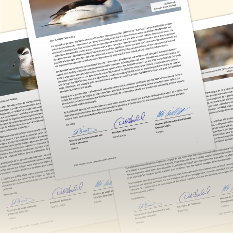Three signed versions of the 2024 NAWMP Update appear layered together.