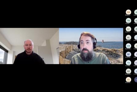 A virtual webinar shows two speakers on screen and a list of participants in the meeting sidebar.