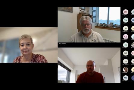 A virtual webinar shows three presenters and a list of participants in the meeting sidebar.